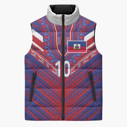 Custom Haiti National Football Sleeveless Puffer Jacket Dashiki Sporty Style - African Pride