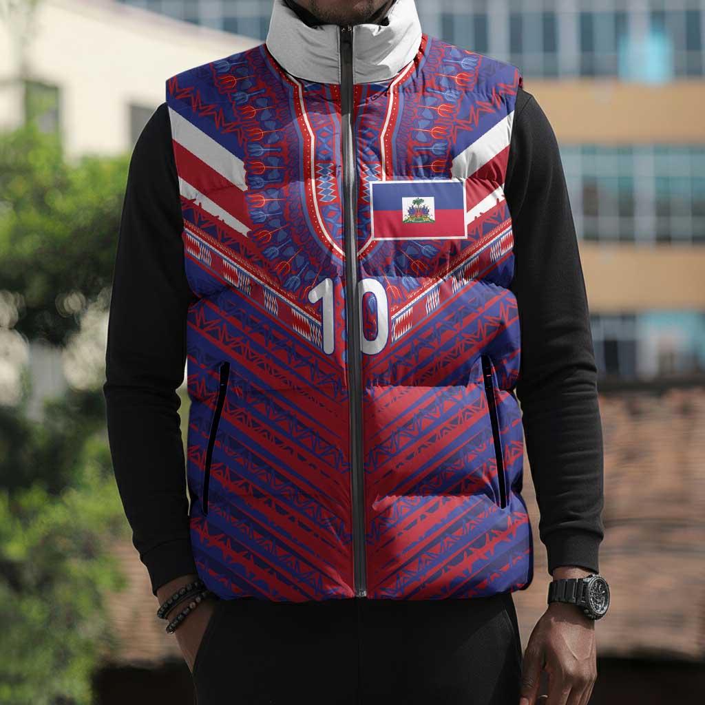 Custom Haiti National Football Sleeveless Puffer Jacket Dashiki Sporty Style - African Pride