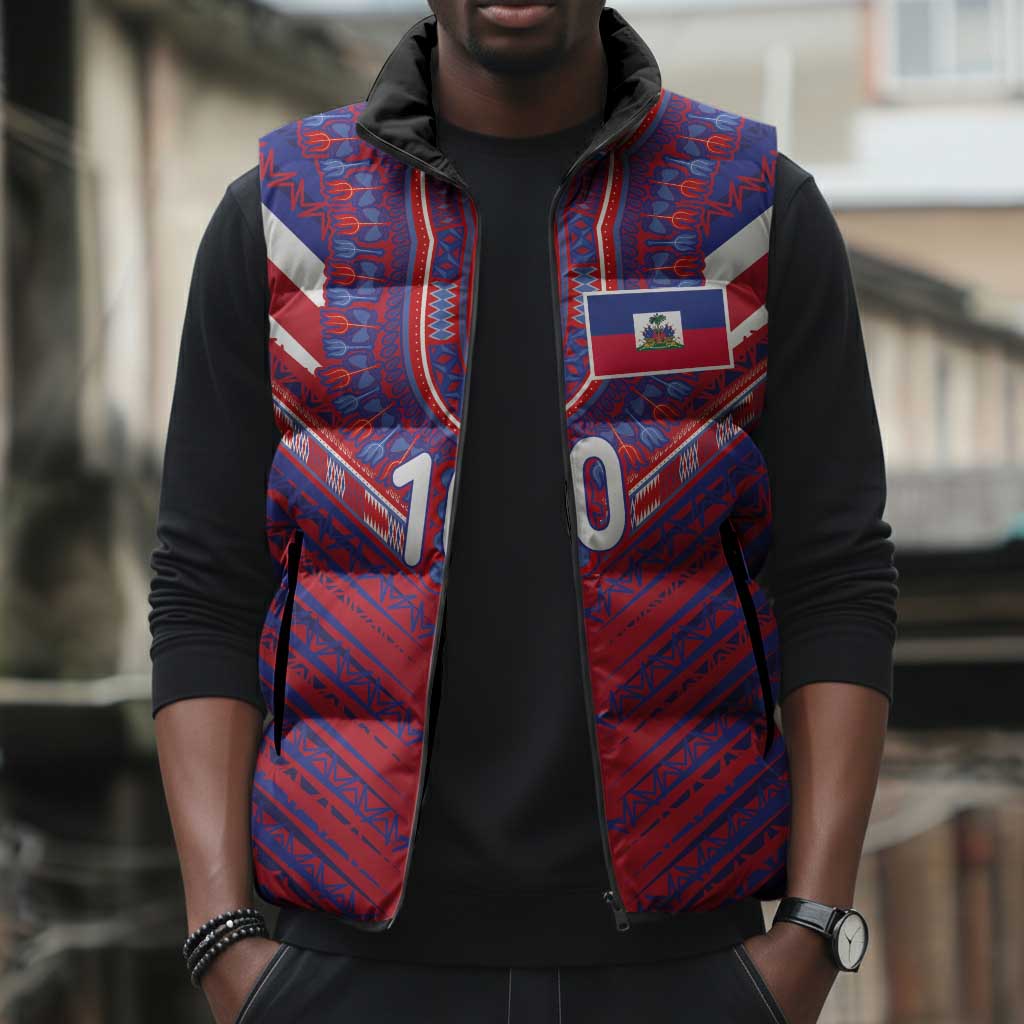 Custom Haiti National Football Sleeveless Puffer Jacket Dashiki Sporty Style - African Pride