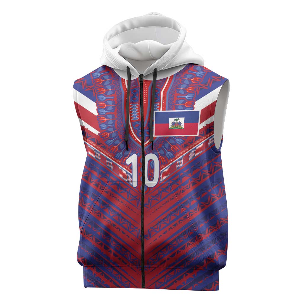 Custom Haiti National Football Sleeveless Zip Hoodie Dashiki Sporty Style - African Pride