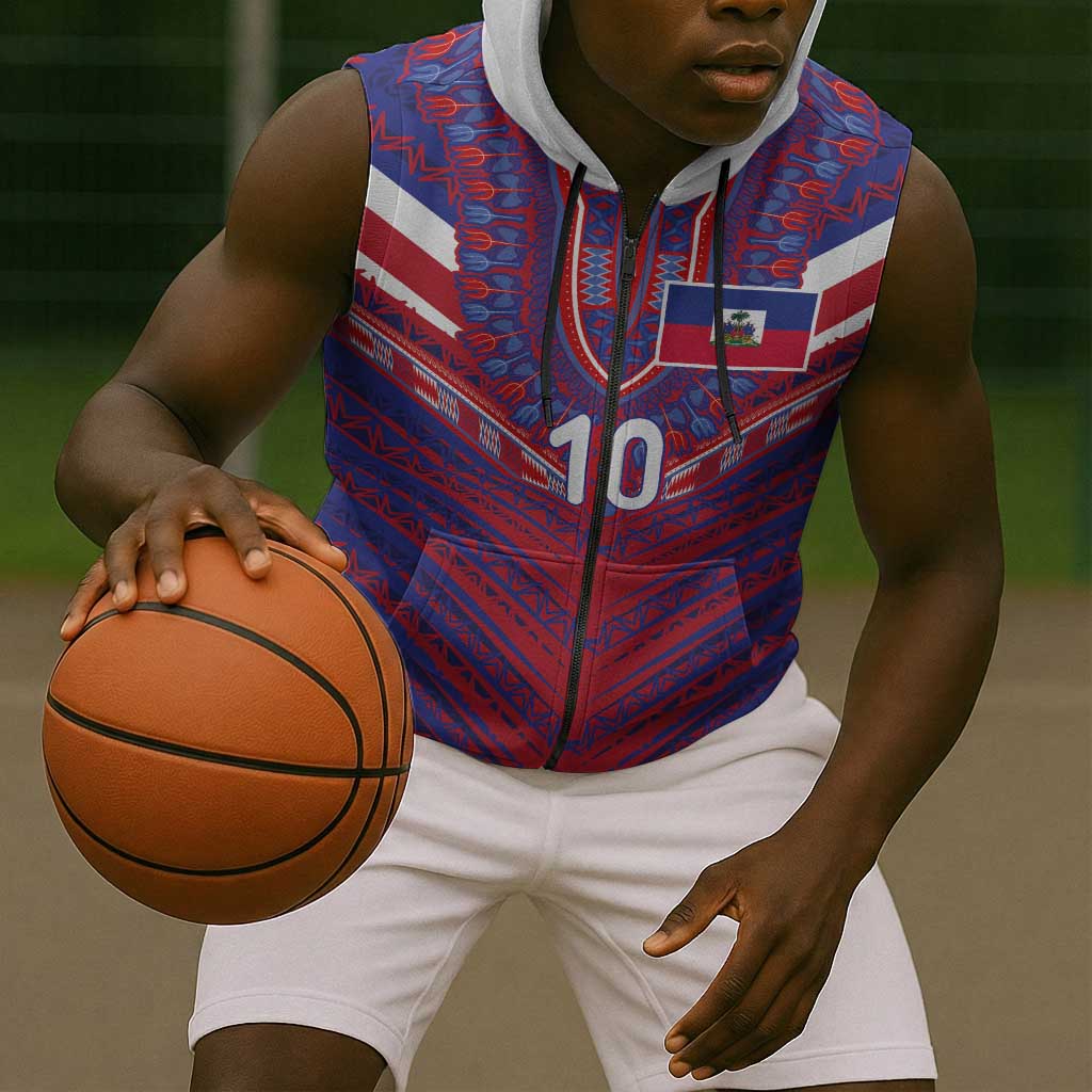 Custom Haiti National Football Sleeveless Zip Hoodie Dashiki Sporty Style - African Pride