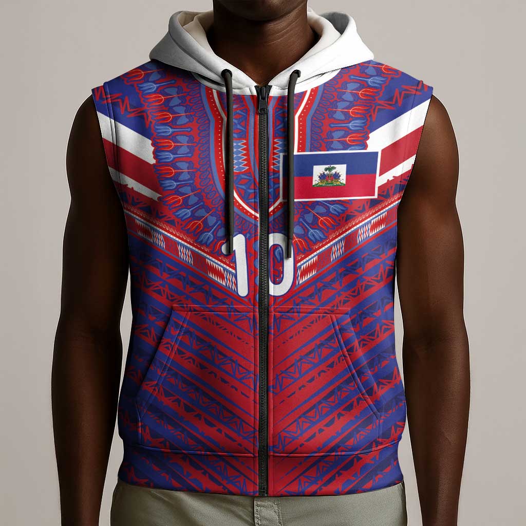 Custom Haiti National Football Sleeveless Zip Hoodie Dashiki Sporty Style - African Pride