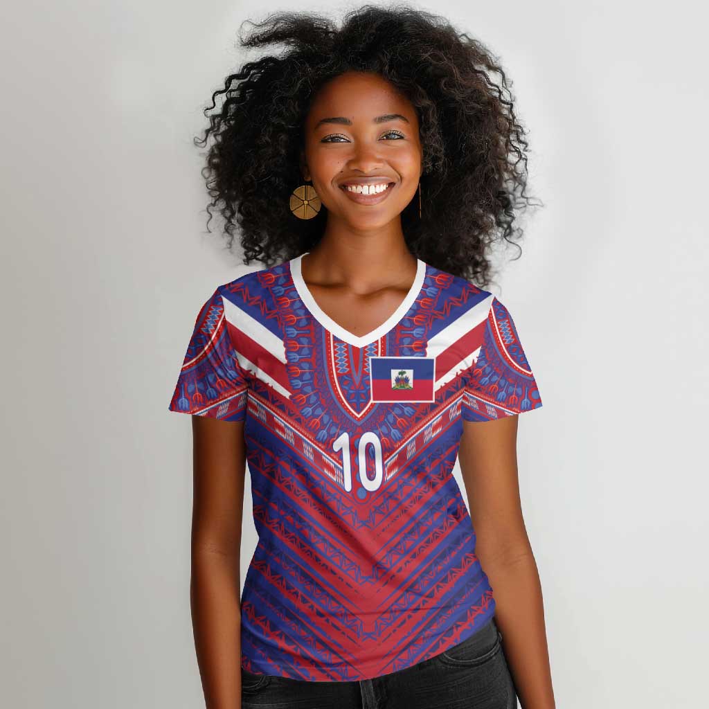 Custom Haiti National Football Women V-Neck T-Shirt Dashiki Sporty Style - African Pride