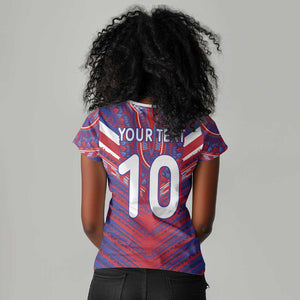 Custom Haiti National Football Women V-Neck T-Shirt Dashiki Sporty Style - African Pride