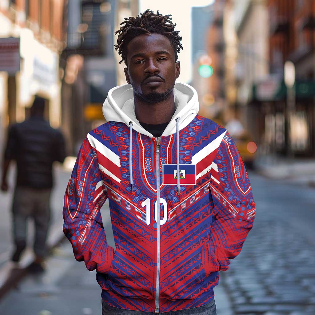 Custom Haiti National Football Zip Hoodie Dashiki Sporty Style - African Pride