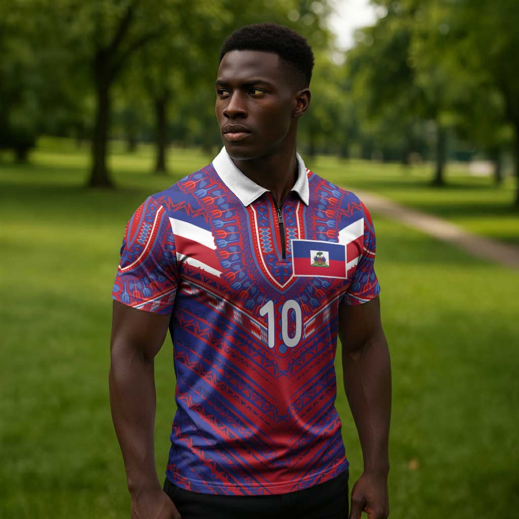 Custom Haiti National Football Zipper Polo Shirt Dashiki Sporty Style - African Pride
