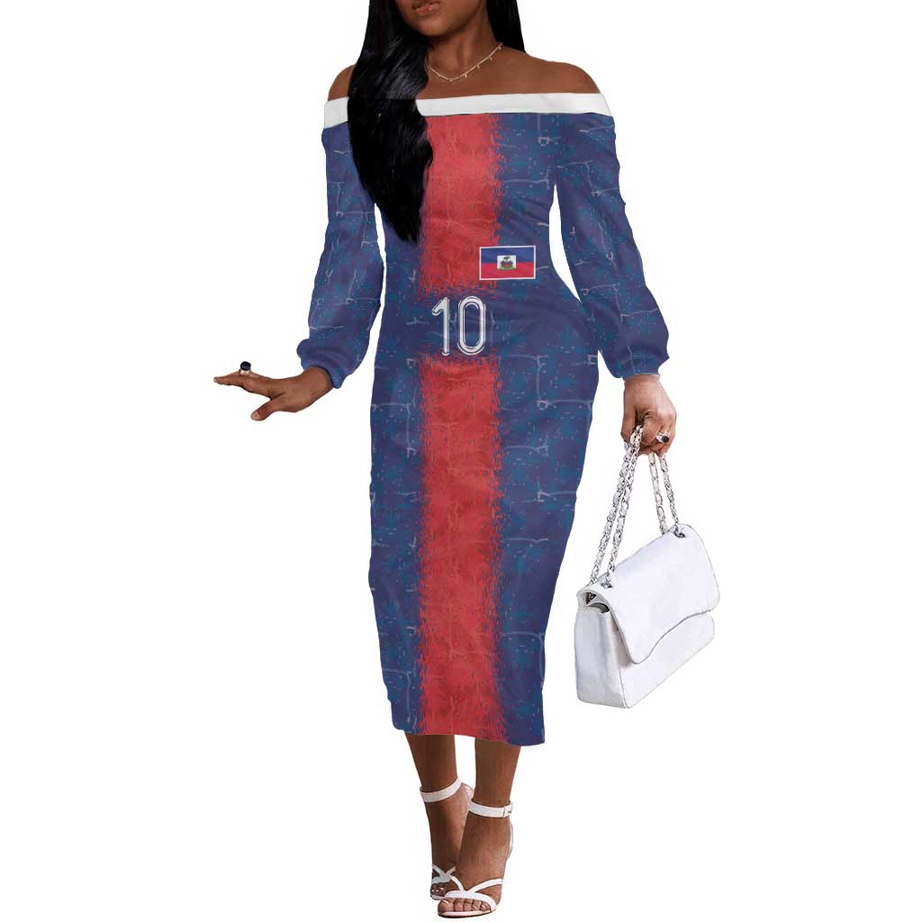 Custom Haiti National Football Off The Shoulder Long Sleeve Dress Haiti Emblems Motif - African Pride