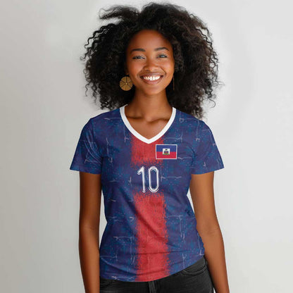 Custom Haiti National Football Women V-Neck T-Shirt Haiti Emblems Motif - African Pride