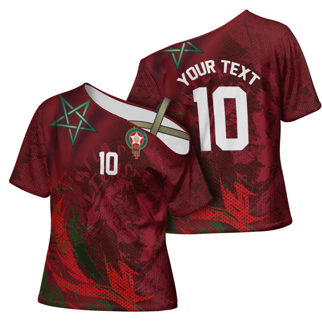 Custom Morocco National Football Cross Shoulder Shirt The Atlas Lions Grunge with National Flag - African Pride