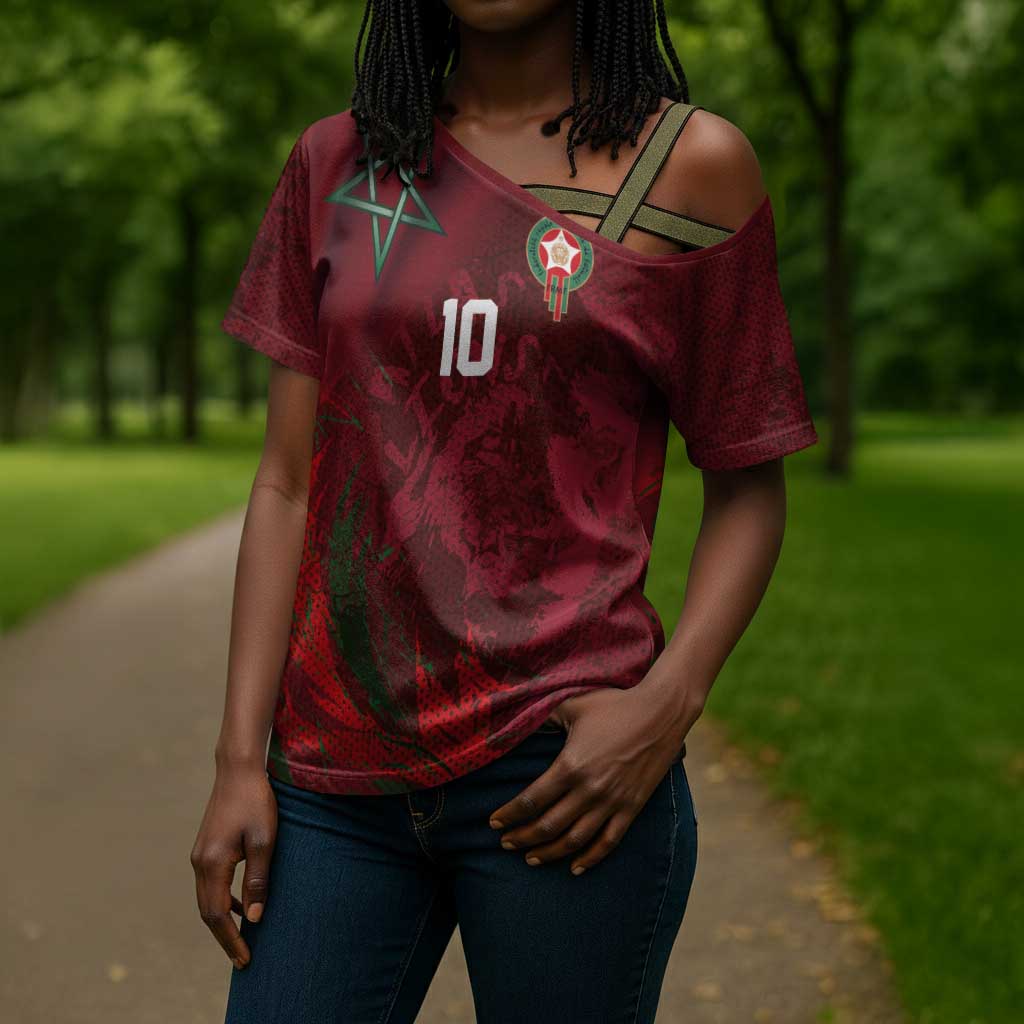 Custom Morocco National Football Cross Shoulder Shirt The Atlas Lions Grunge with National Flag - African Pride
