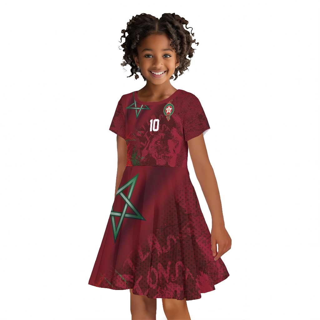 Custom Morocco National Football Kid Short Sleeve Dress The Atlas Lions Grunge with National Flag - African Pride