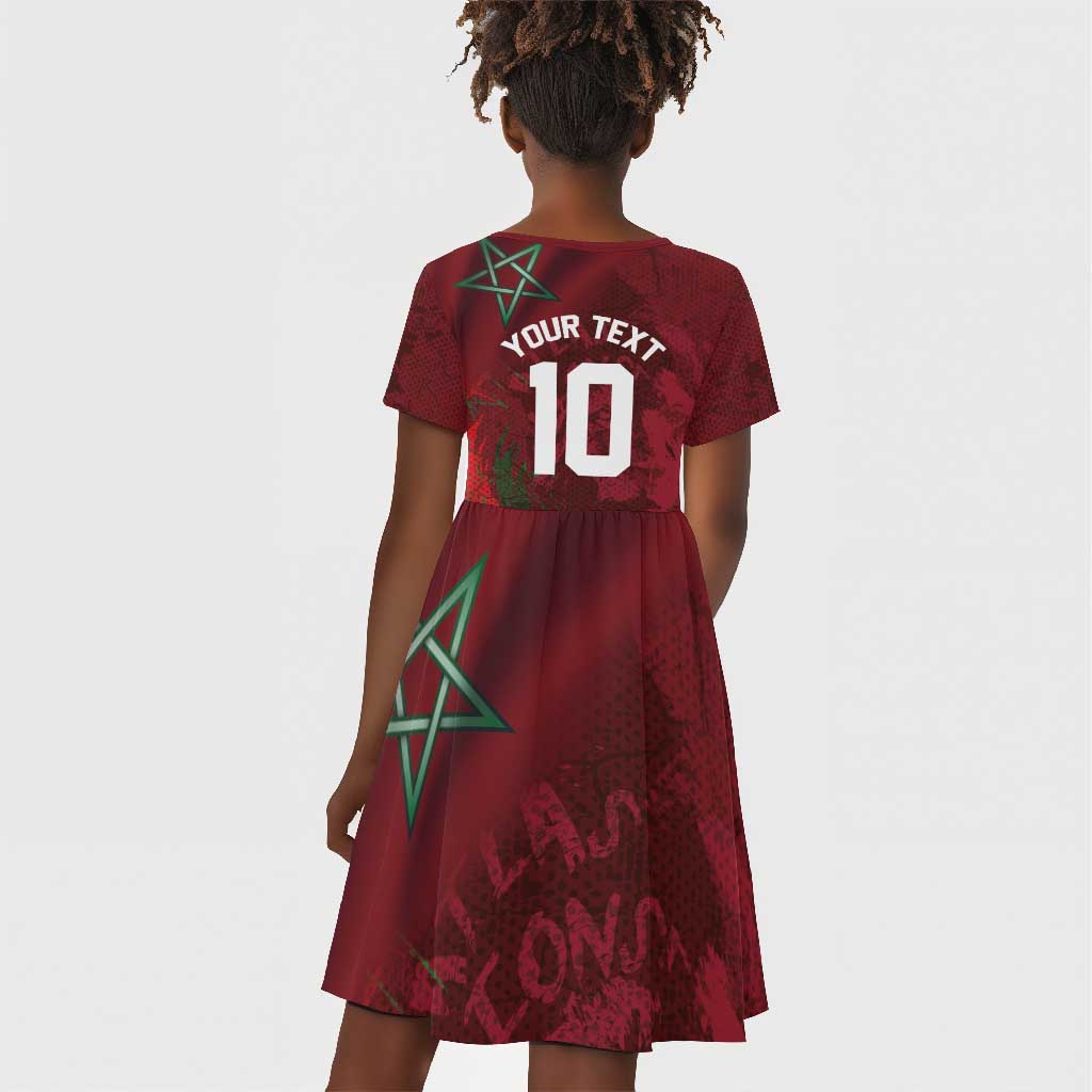 Custom Morocco National Football Kid Short Sleeve Dress The Atlas Lions Grunge with National Flag - African Pride
