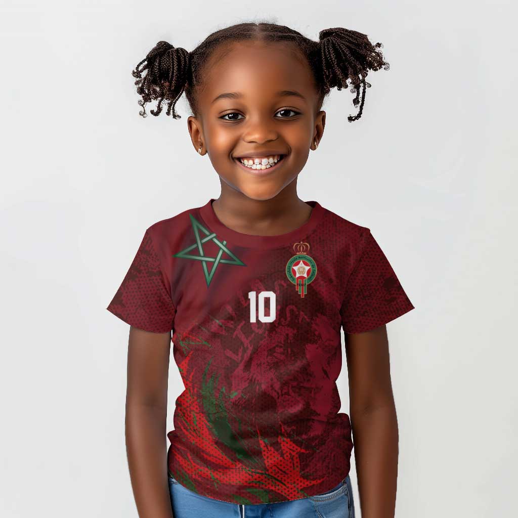 Custom Morocco National Football Kid T shirt The Atlas Lions Grunge with National Flag - African Pride