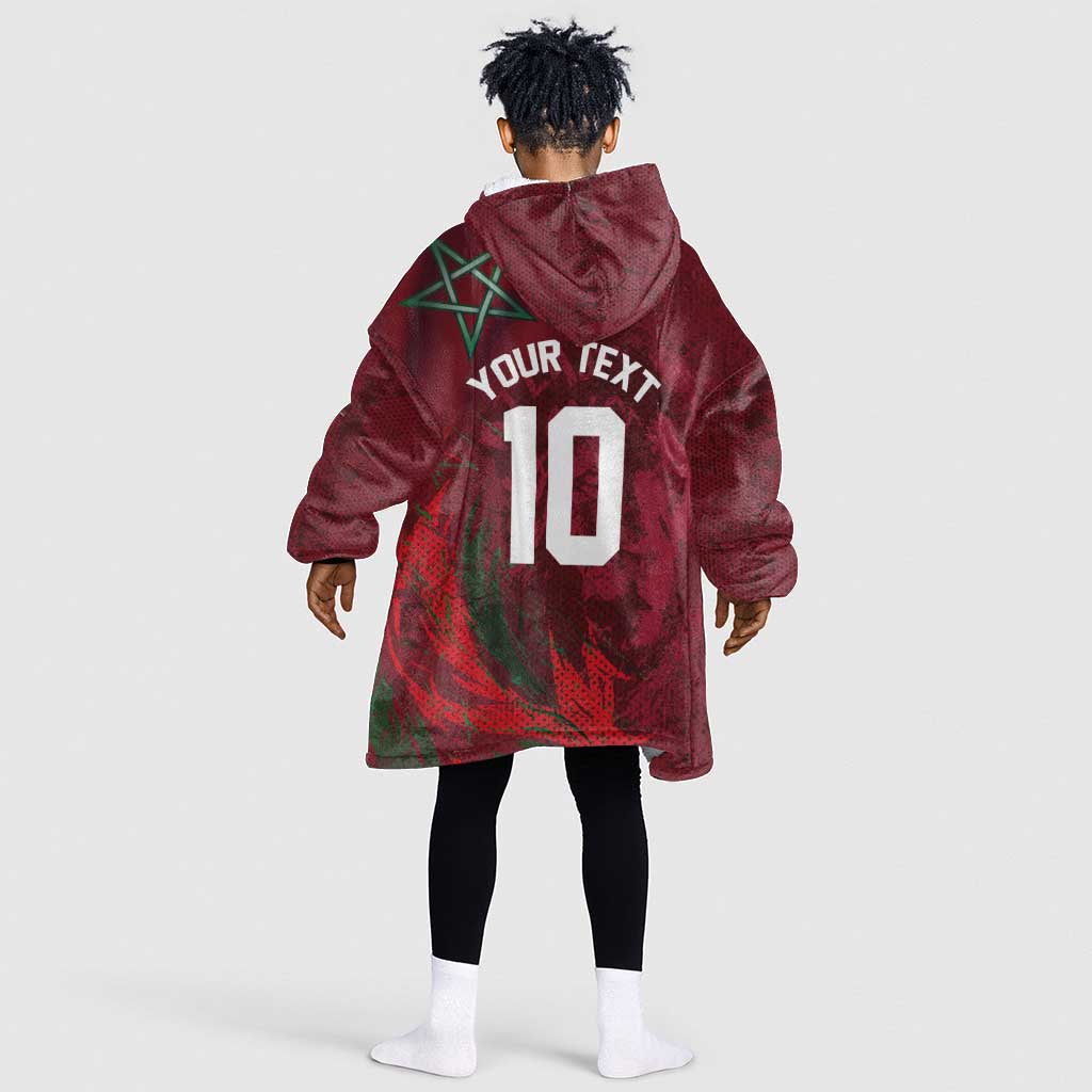 Custom Morocco National Football Kid Wearable Blanket Hoodie The Atlas Lions Grunge with National Flag - African Pride