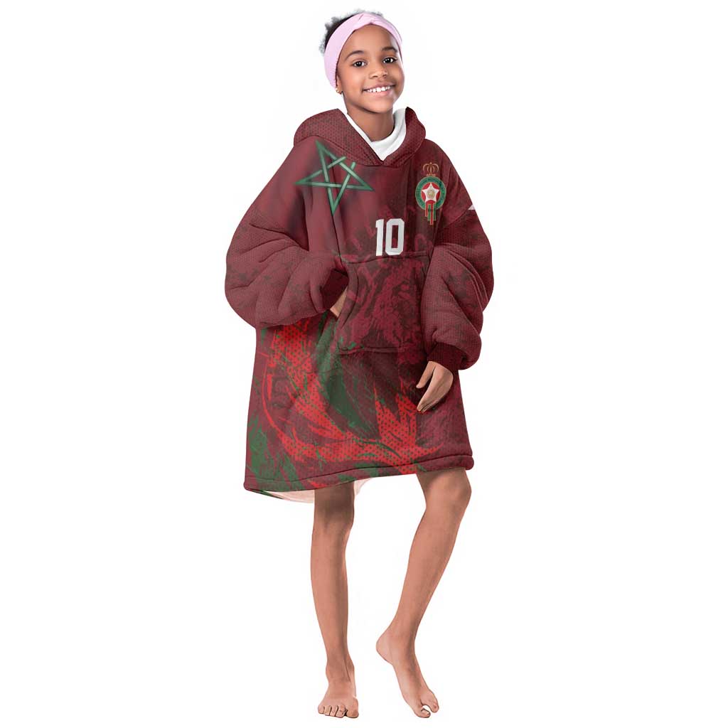 Custom Morocco National Football Kid Wearable Blanket Hoodie The Atlas Lions Grunge with National Flag - African Pride