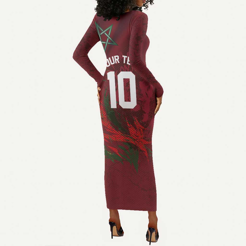 Custom Morocco National Football Long Sleeve Bodycon Dress The Atlas Lions Grunge with National Flag - African Pride