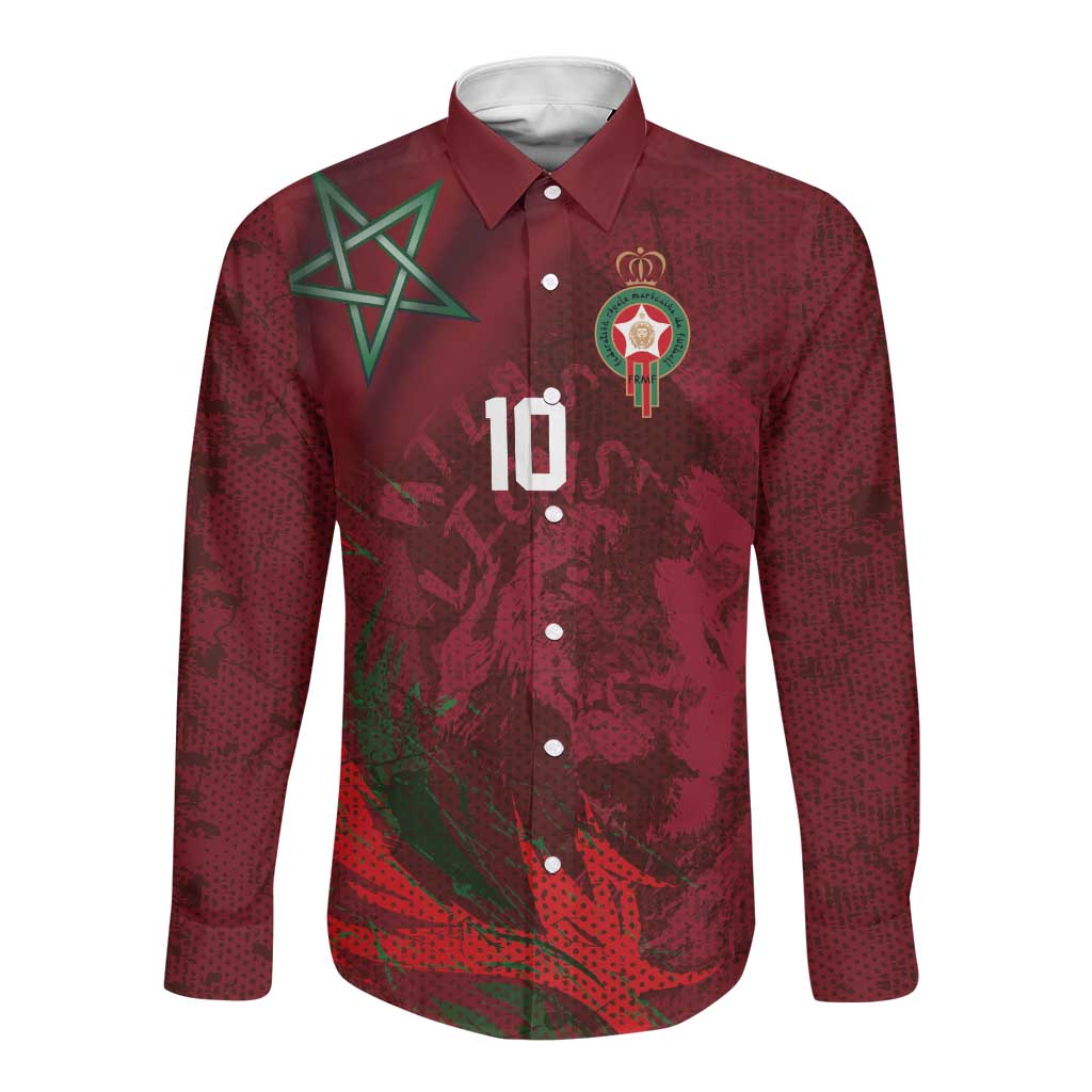 Custom Morocco National Football Long Sleeve Button Shirt The Atlas Lions Grunge with National Flag - African Pride
