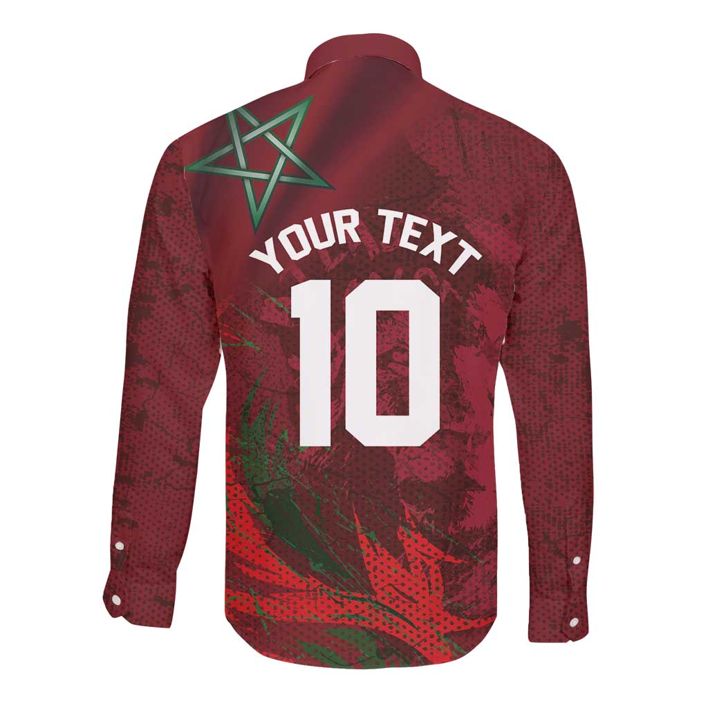 Custom Morocco National Football Long Sleeve Button Shirt The Atlas Lions Grunge with National Flag - African Pride