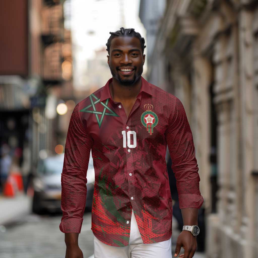 Custom Morocco National Football Long Sleeve Button Shirt The Atlas Lions Grunge with National Flag - African Pride