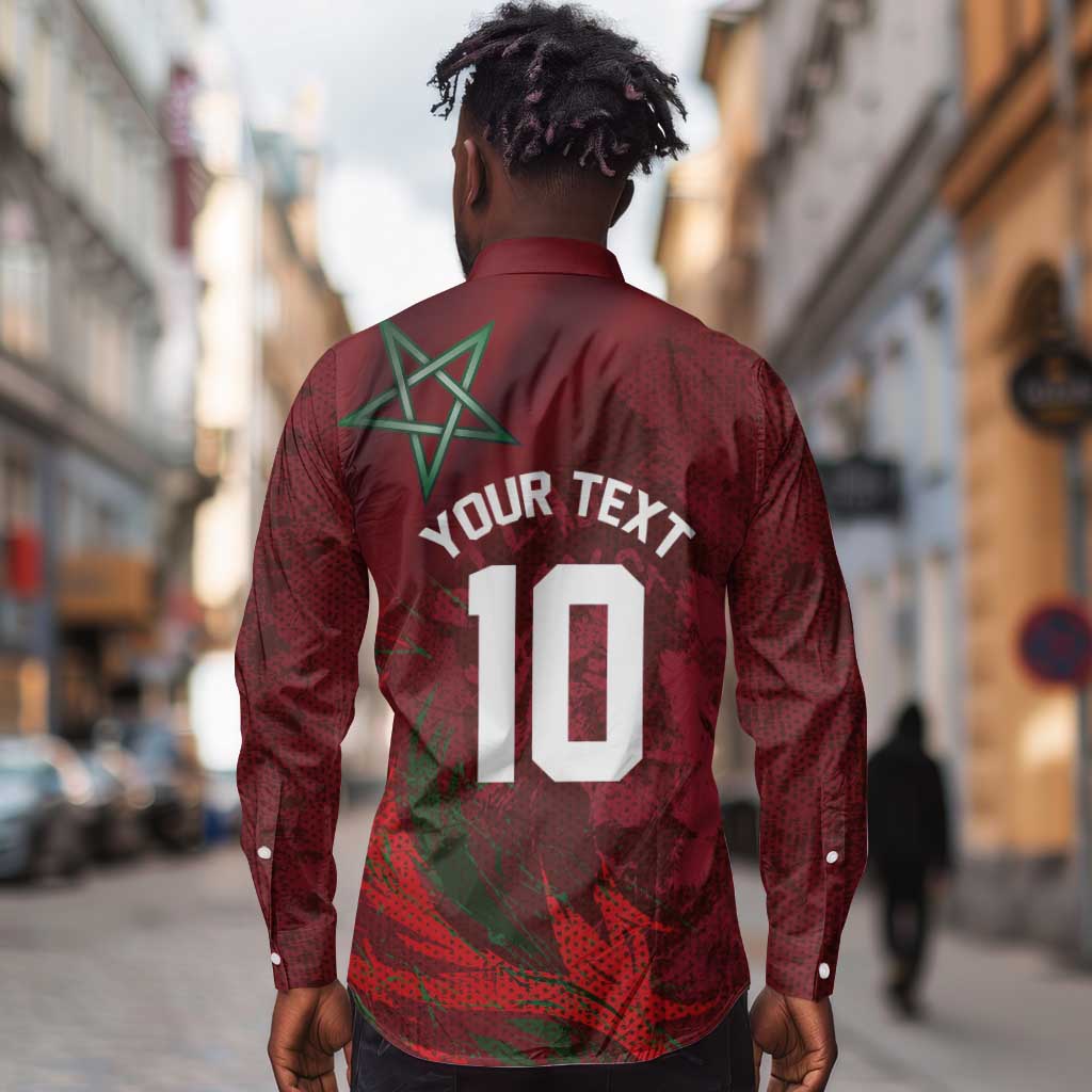 Custom Morocco National Football Long Sleeve Button Shirt The Atlas Lions Grunge with National Flag - African Pride