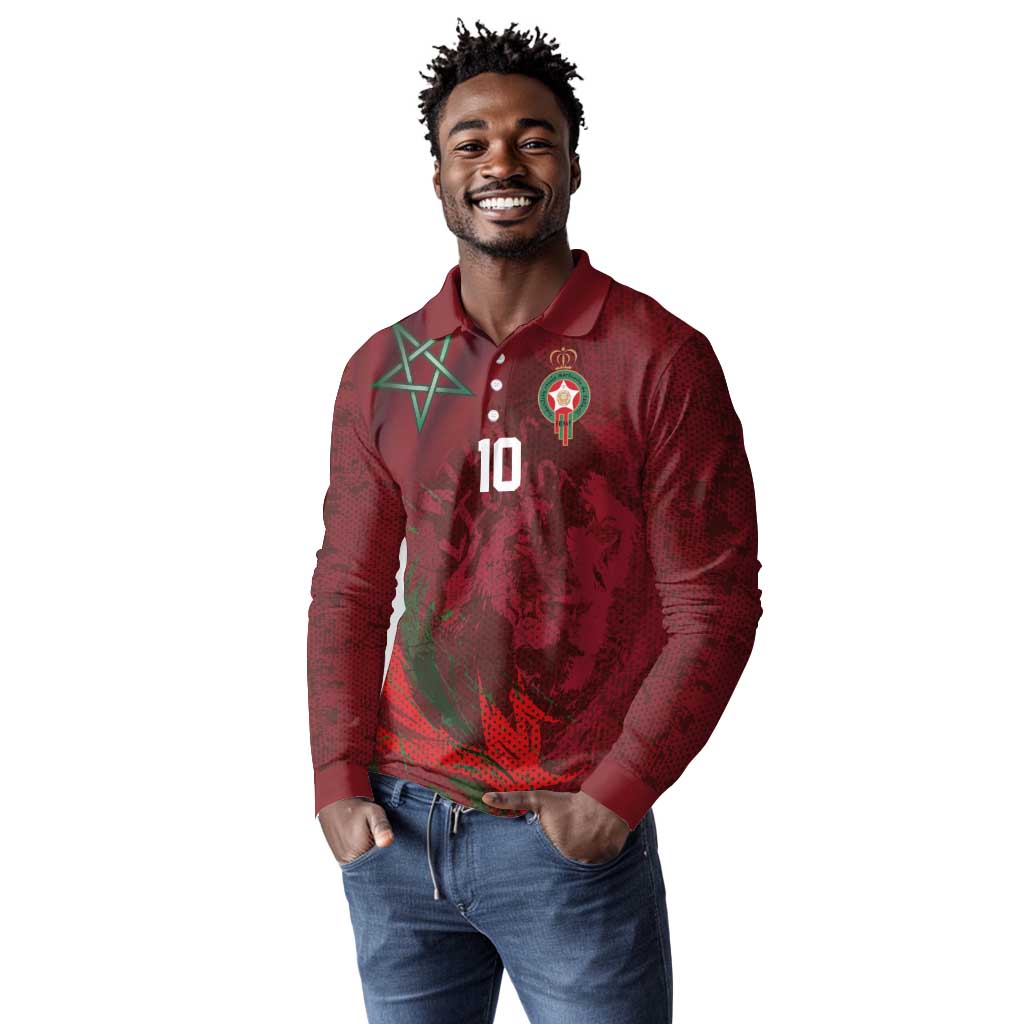 Custom Morocco National Football Long Sleeve Polo Shirt The Atlas Lions Grunge with National Flag - African Pride
