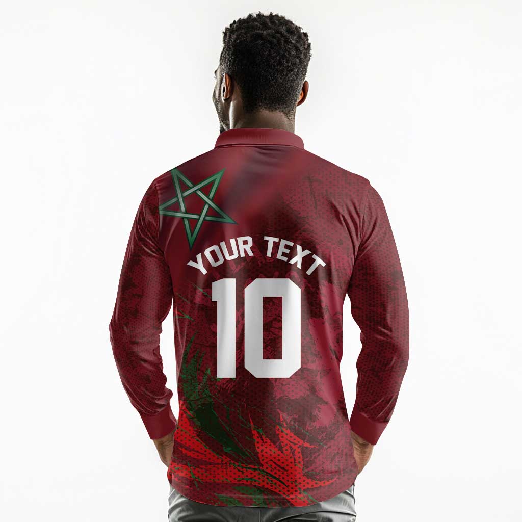 Custom Morocco National Football Long Sleeve Polo Shirt The Atlas Lions Grunge with National Flag - African Pride