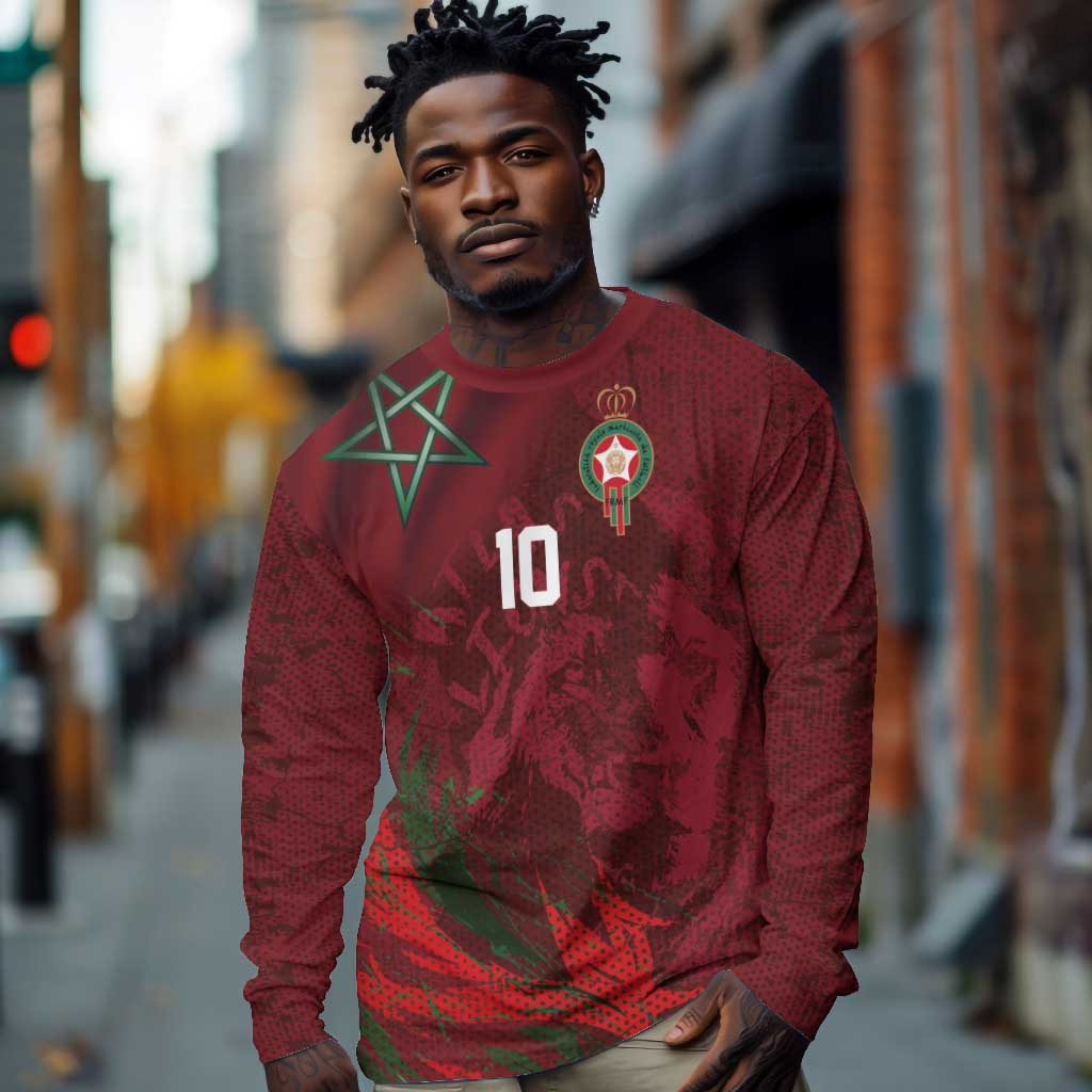 Custom Morocco National Football Long Sleeve Shirt The Atlas Lions Grunge with National Flag - African Pride