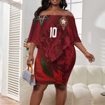 Custom Morocco National Football Off Shoulder Short Dress The Atlas Lions Grunge with National Flag - African Pride