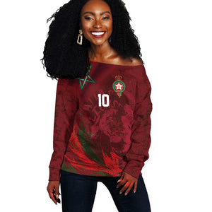 Custom Morocco National Football Off Shoulder Sweater The Atlas Lions Grunge with National Flag - African Pride