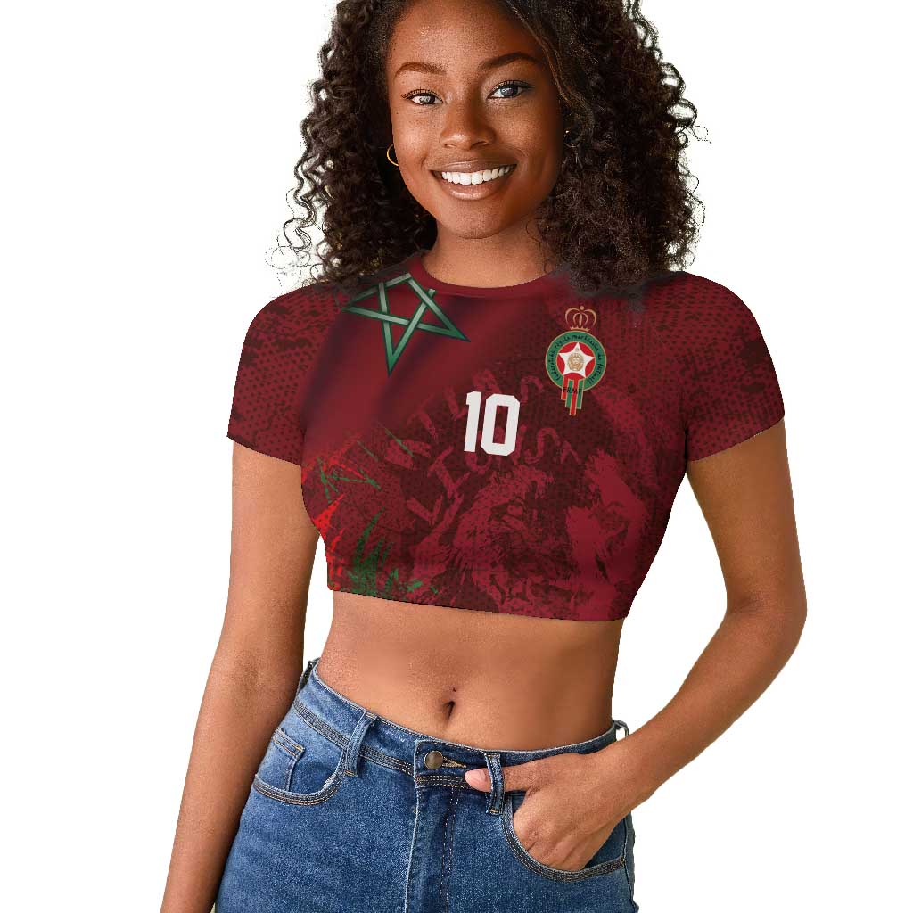 Custom Morocco National Football Raglan Cropped T shirt The Atlas Lions Grunge with National Flag - African Pride