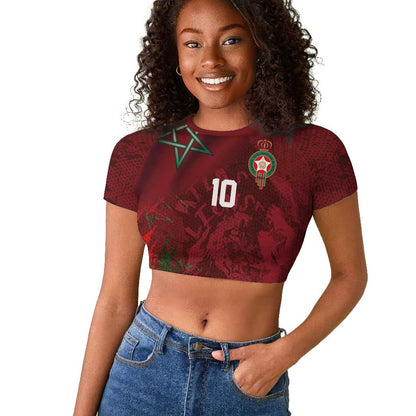 Custom Morocco National Football Raglan Cropped T shirt The Atlas Lions Grunge with National Flag - African Pride