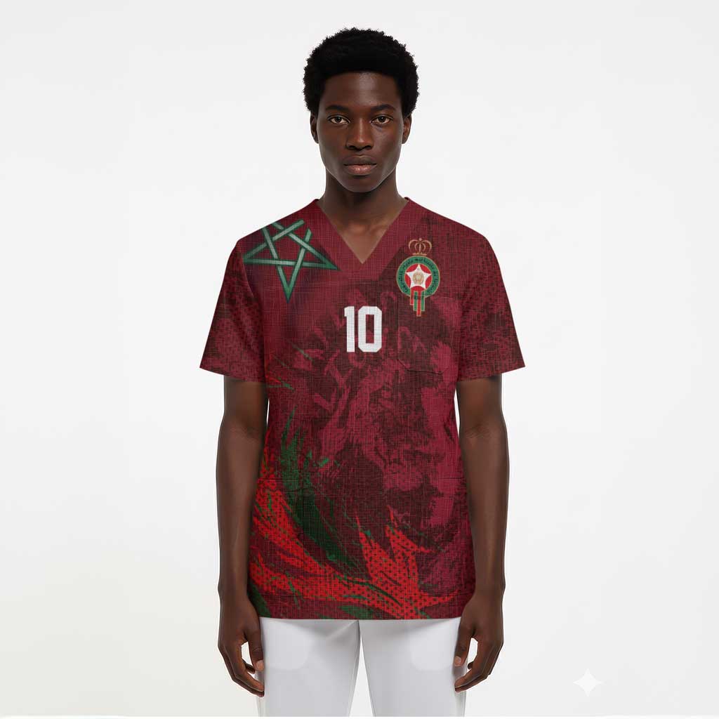 Custom Morocco National Football Scrub Top The Atlas Lions Grunge with National Flag - African Pride