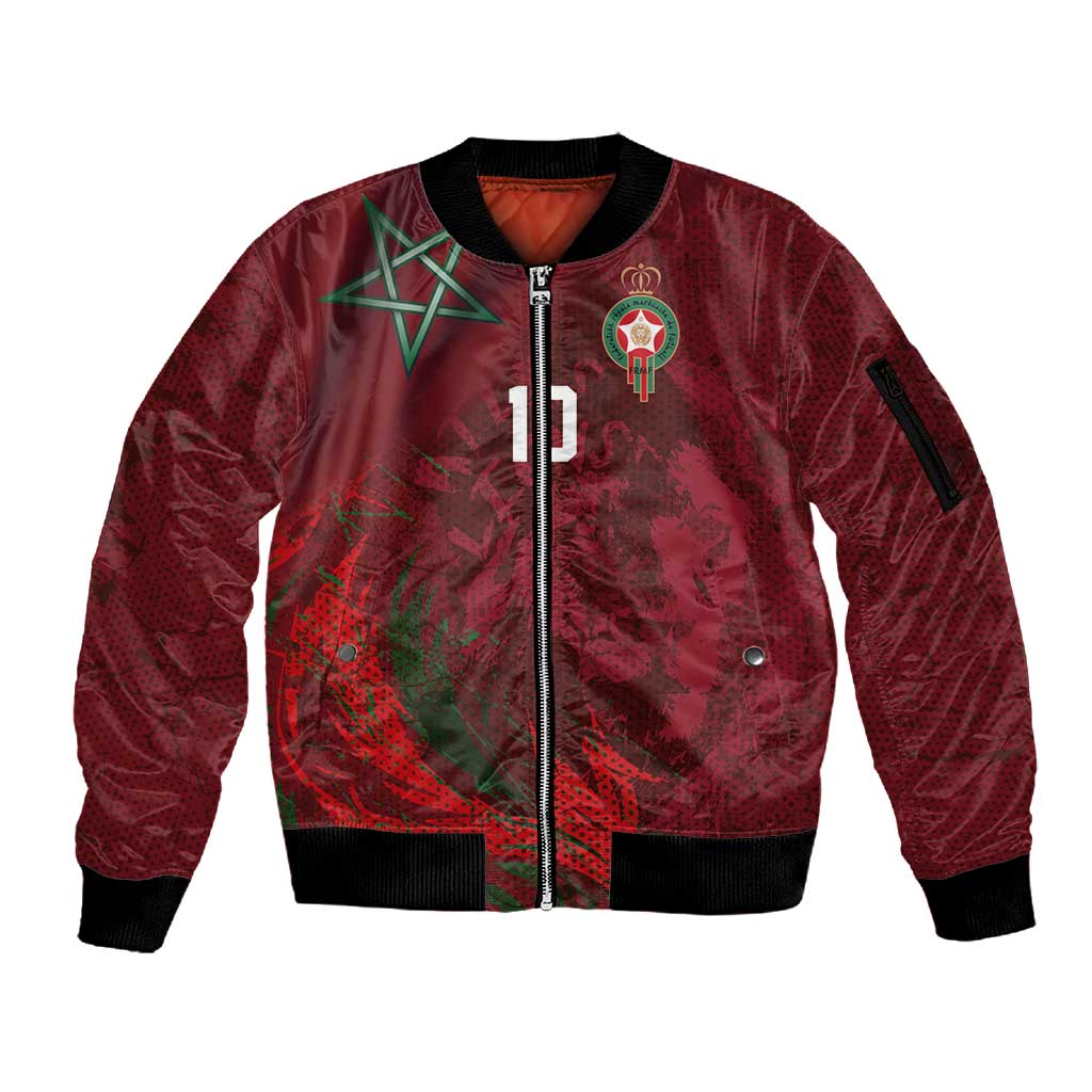 Custom Morocco National Football Sleeve Zip Bomber Jacket The Atlas Lions Grunge with National Flag - African Pride