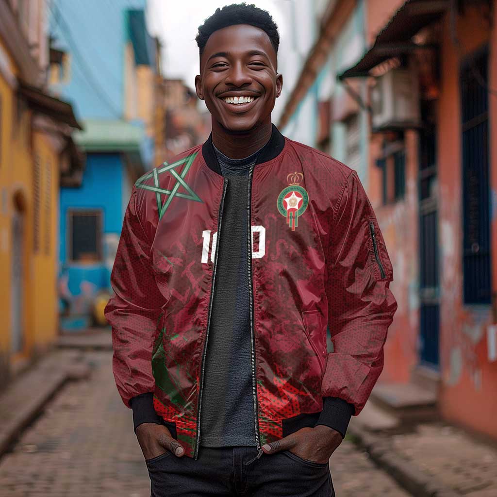 Custom Morocco National Football Sleeve Zip Bomber Jacket The Atlas Lions Grunge with National Flag - African Pride