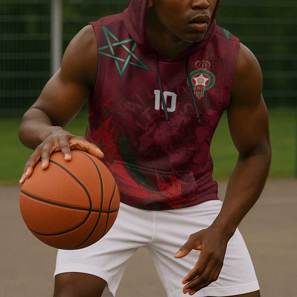 Custom Morocco National Football Sleeveless Hoodie The Atlas Lions Grunge with National Flag - African Pride