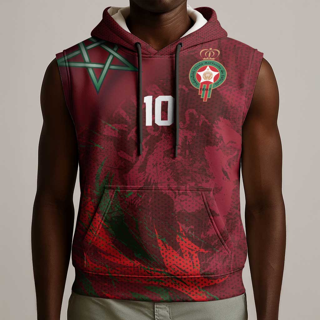 Custom Morocco National Football Sleeveless Hoodie The Atlas Lions Grunge with National Flag - African Pride