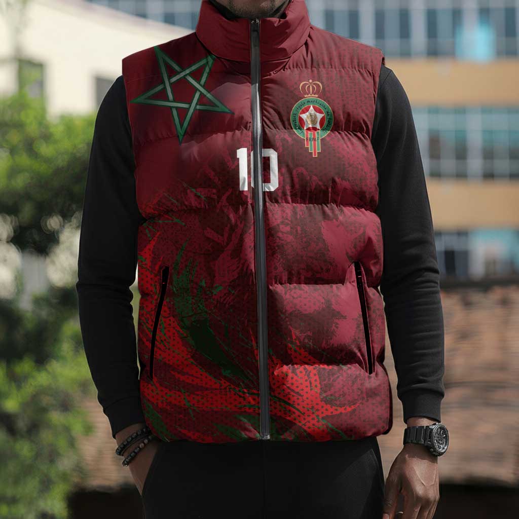 Custom Morocco National Football Sleeveless Puffer Jacket The Atlas Lions Grunge with National Flag - African Pride