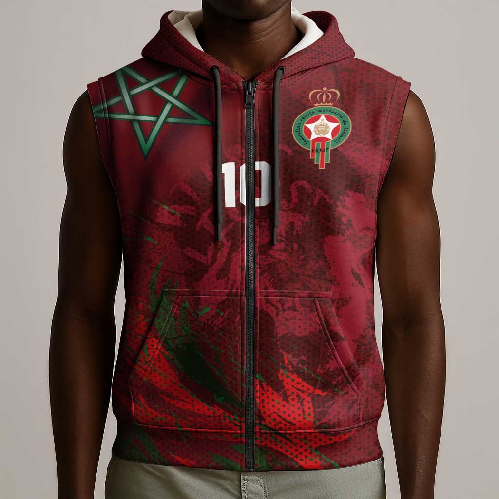 Custom Morocco National Football Sleeveless Zip Hoodie The Atlas Lions Grunge with National Flag - African Pride