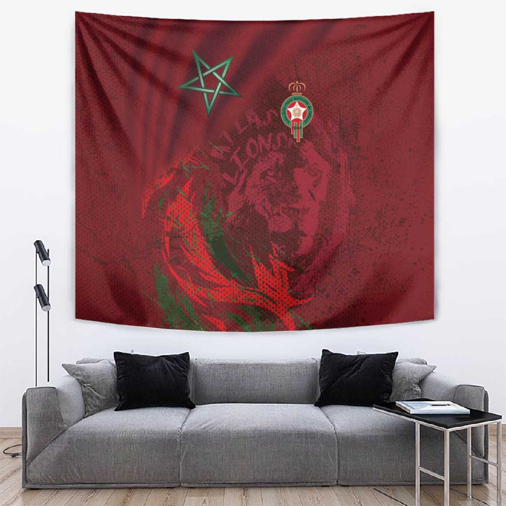 Morocco National Football Tapestry The Atlas Lions Grunge with National Flag - African Pride