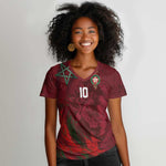 Custom Morocco National Football Women V-Neck T-Shirt The Atlas Lions Grunge with National Flag - African Pride