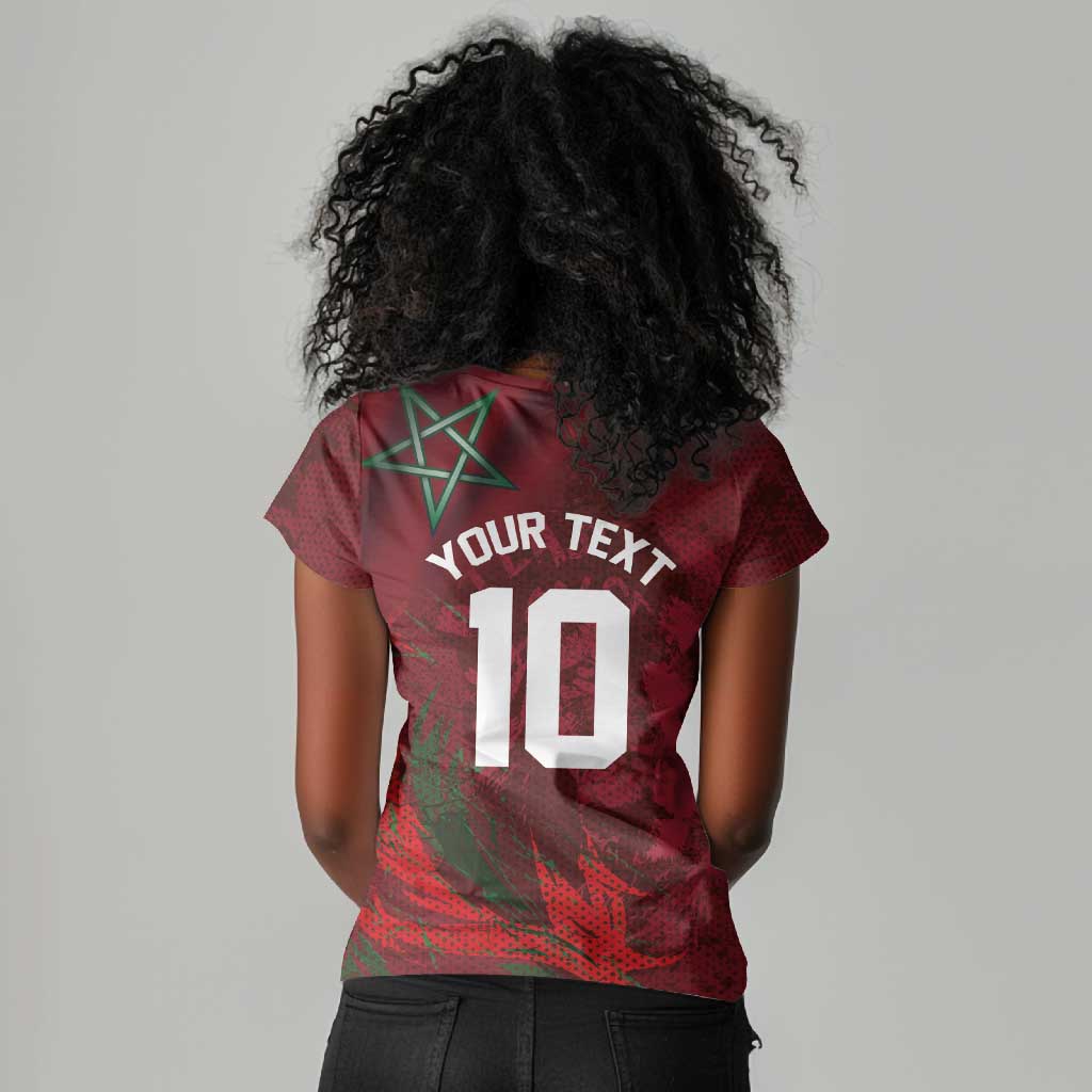 Custom Morocco National Football Women V-Neck T-Shirt The Atlas Lions Grunge with National Flag - African Pride