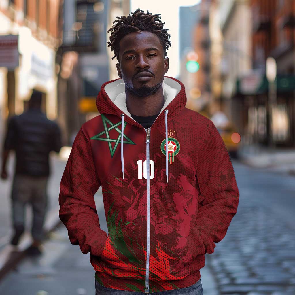 Custom Morocco National Football Zip Hoodie The Atlas Lions Grunge with National Flag - African Pride