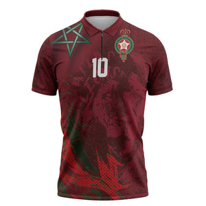 Custom Morocco National Football Zipper Polo Shirt The Atlas Lions Grunge with National Flag - African Pride