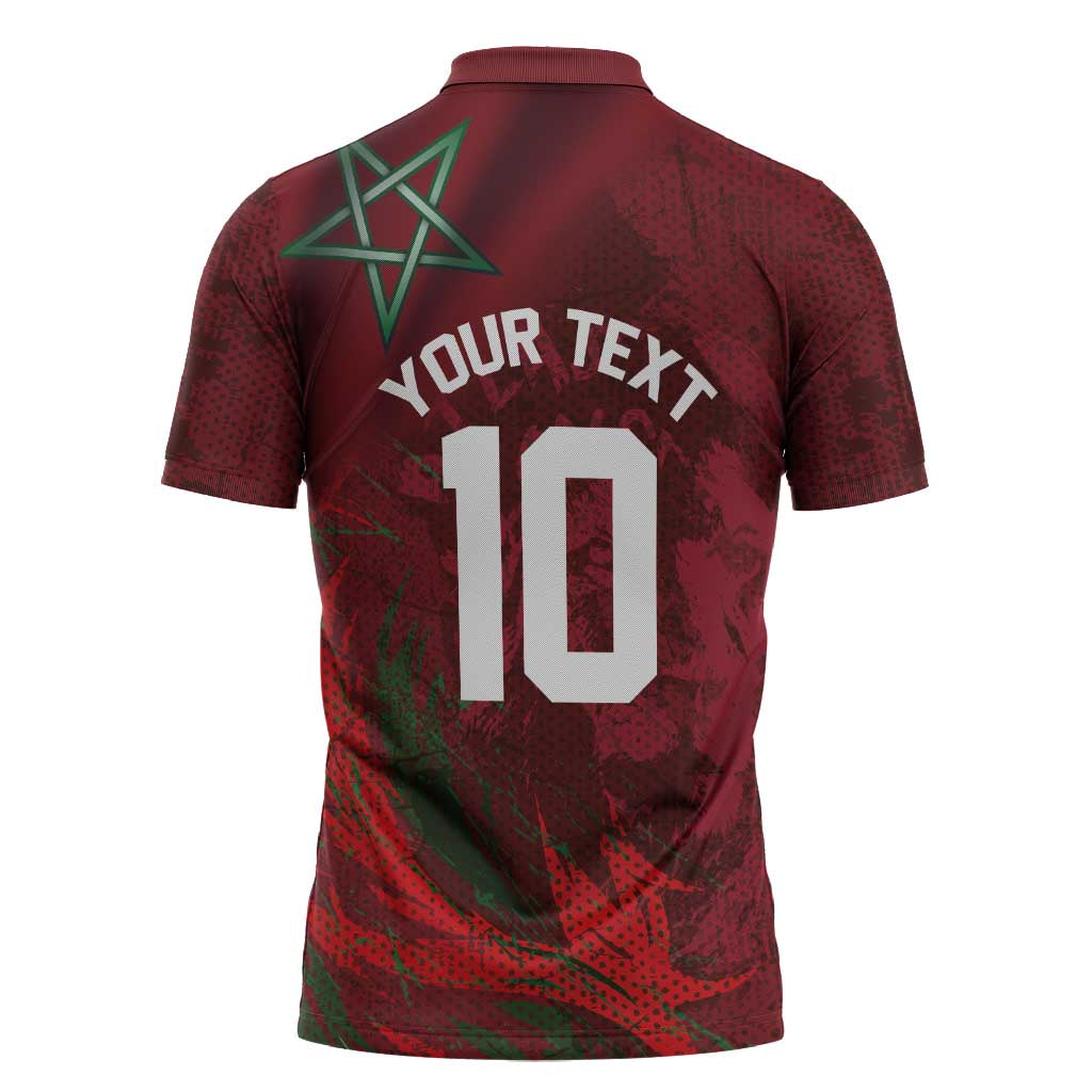 Custom Morocco National Football Zipper Polo Shirt The Atlas Lions Grunge with National Flag - African Pride