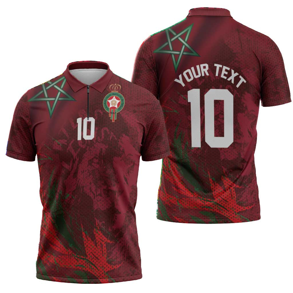 Custom Morocco National Football Zipper Polo Shirt The Atlas Lions Grunge with National Flag - African Pride