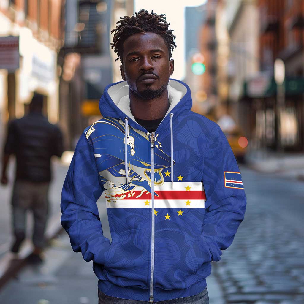 Custom Cape Verde National Football Zip Hoodie Glory Blue Sharks - African Pride