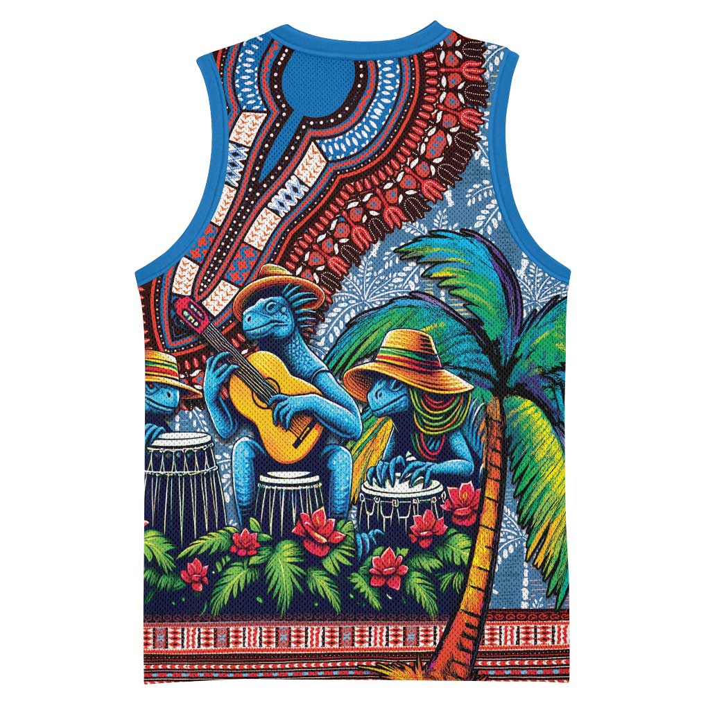 Afro-Caribbean Basketball Jersey African Dashiki Style with Caribbean Music with Blue Iguanas - African Pride