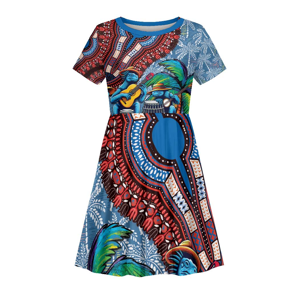 Afro-Caribbean Kid Short Sleeve Dress African Dashiki Style with Caribbean Music with Blue Iguanas - African Pride