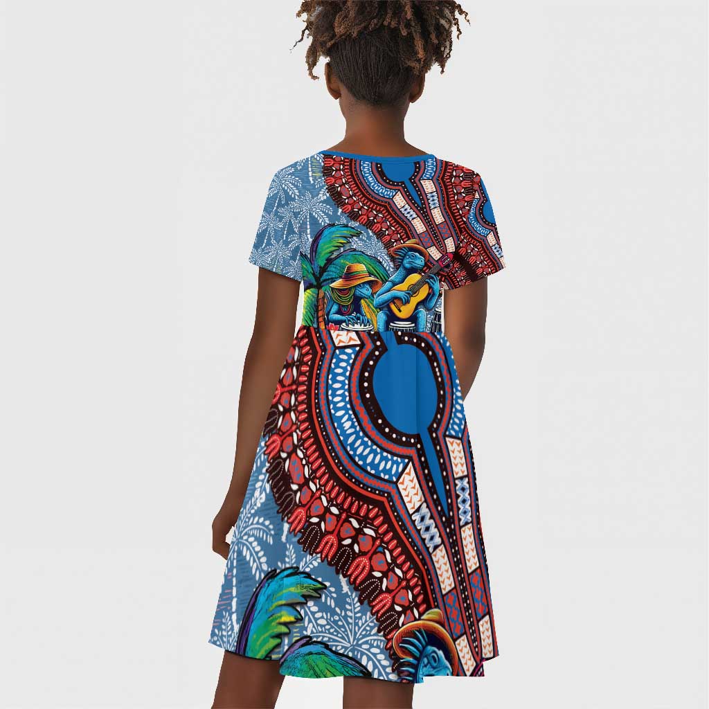 Afro-Caribbean Kid Short Sleeve Dress African Dashiki Style with Caribbean Music with Blue Iguanas - African Pride