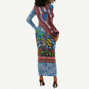 Afro-Caribbean Long Sleeve Bodycon Dress African Dashiki Style with Caribbean Music with Blue Iguanas - African Pride